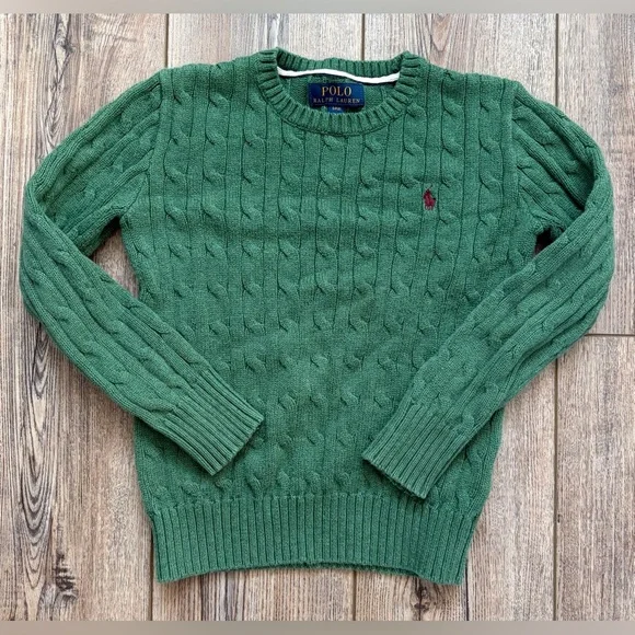 Boys Polo Ralph Lauren Cable Knit Sweater Green Pony Logo Size S (8) Cotton - Picture 2 of 7
